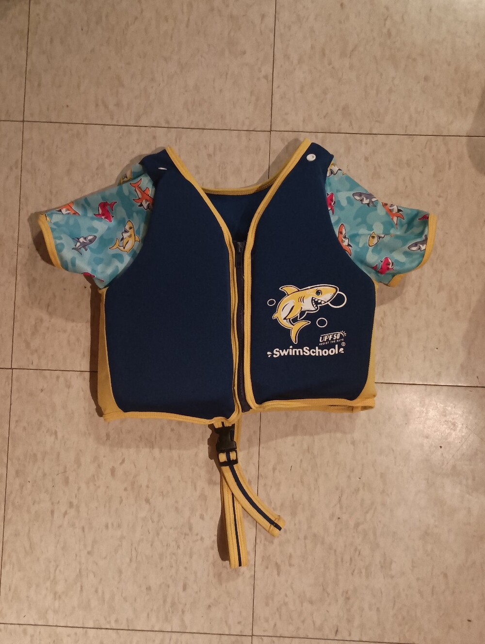 Kids SwimSchool Navy & Yellow Life Jacket Vest with Shark Print